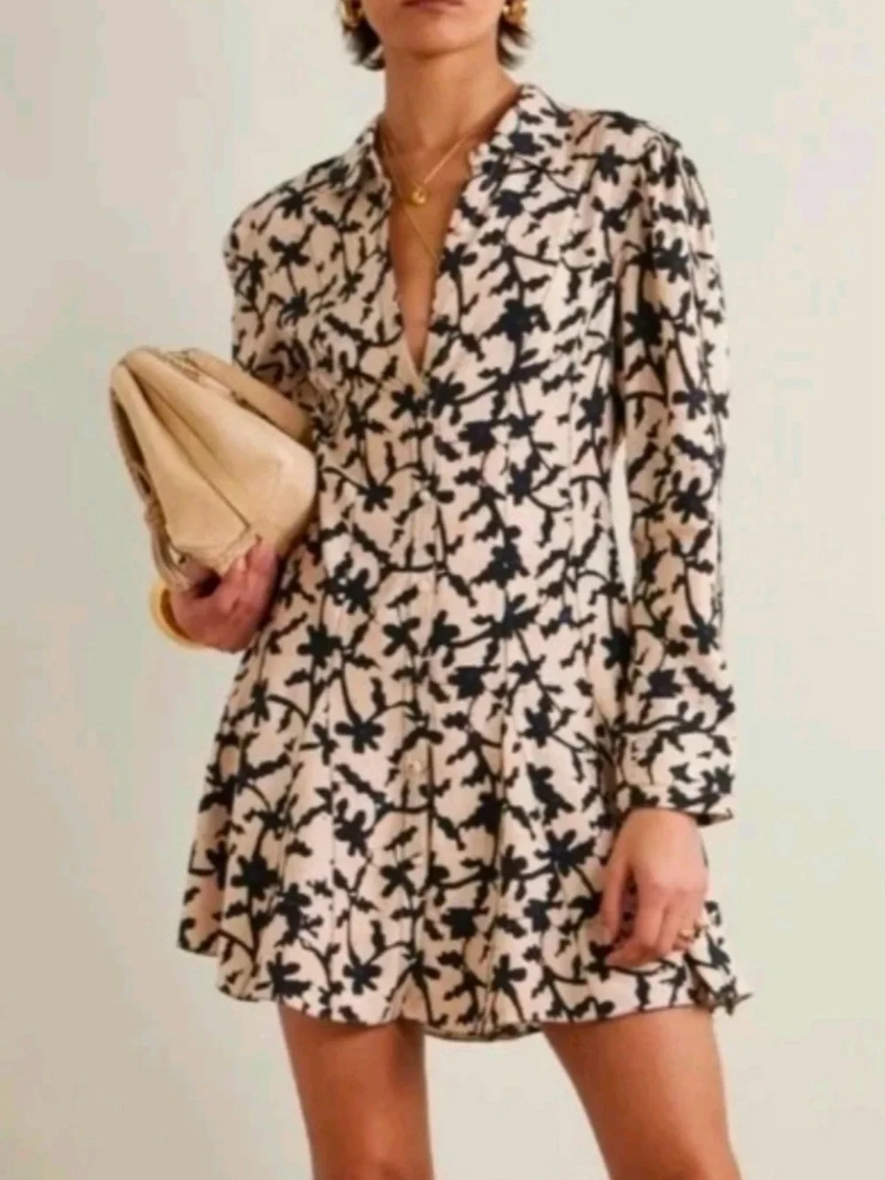 Ulla Johnson Cream Abstract Floral Print Long Sleeve Short Dress **Size 12**🌺🌺 - Picture 1 of 7